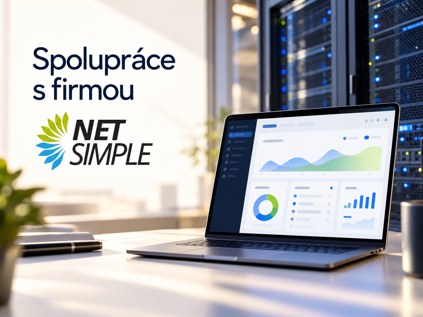 Spolupráce s firmou Netsimple – logo, notebook a servery